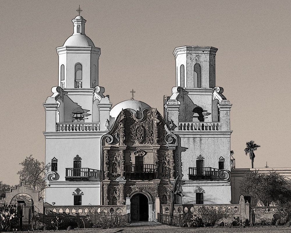 San Xavier Mission Church- Black, White and Sepia - Fine Art photograph 8 x 10 print