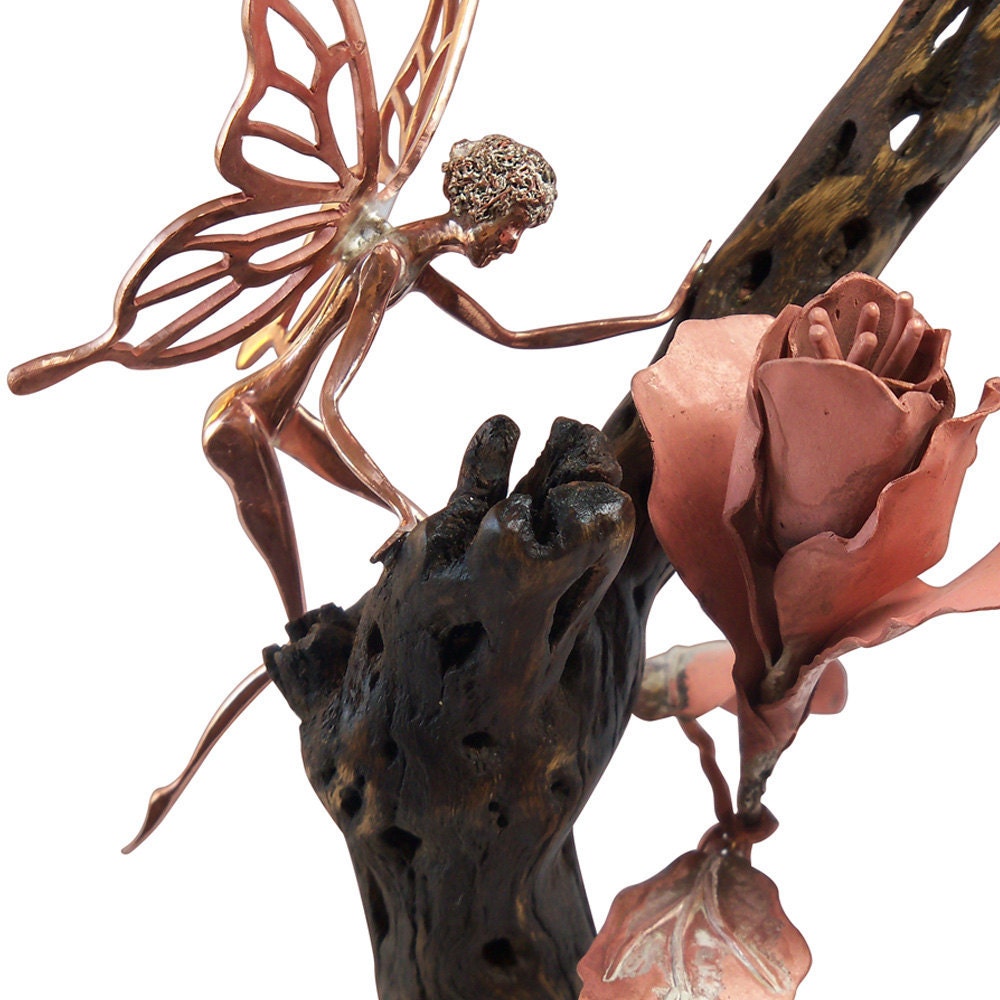 Fairy and Flower Copper and Cholla Cactus Wood Sculpture