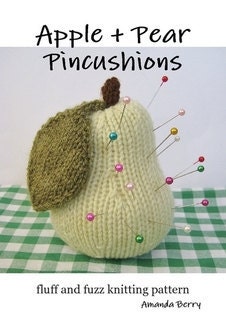 Apple and Pear fruit pincushions knitting patterns - easy to knit toy food by fluff and fuzz with instant download