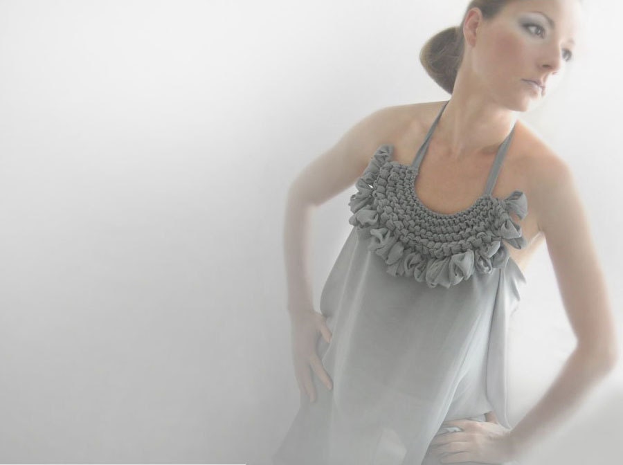 Reserved listing, Grey mousseline okapi summer tunic with knitted ornament, paris fashion,