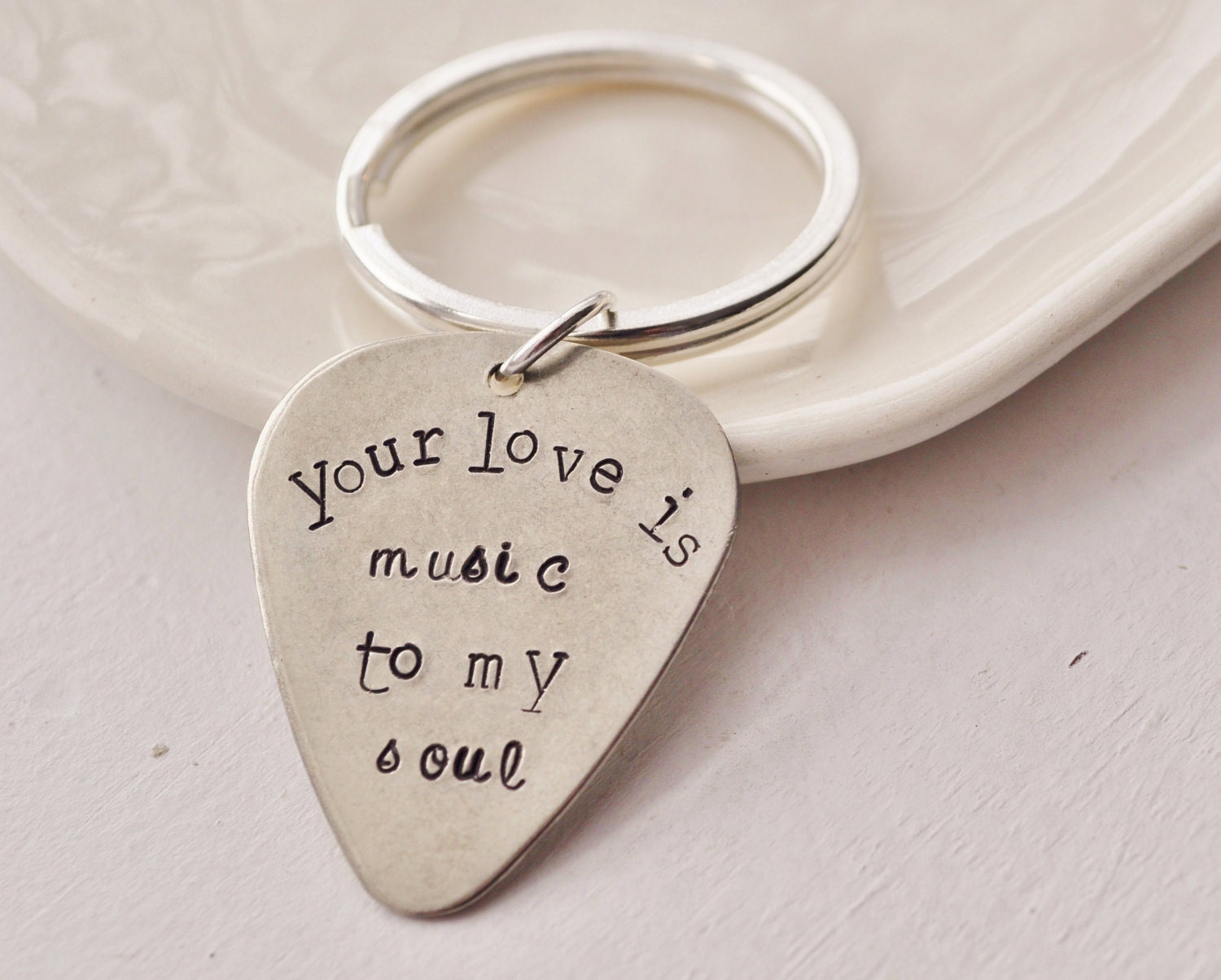 Your Love is Music to my Soul- Hand Stamped Guitar Pick Key Chain by jessicaNdesigns