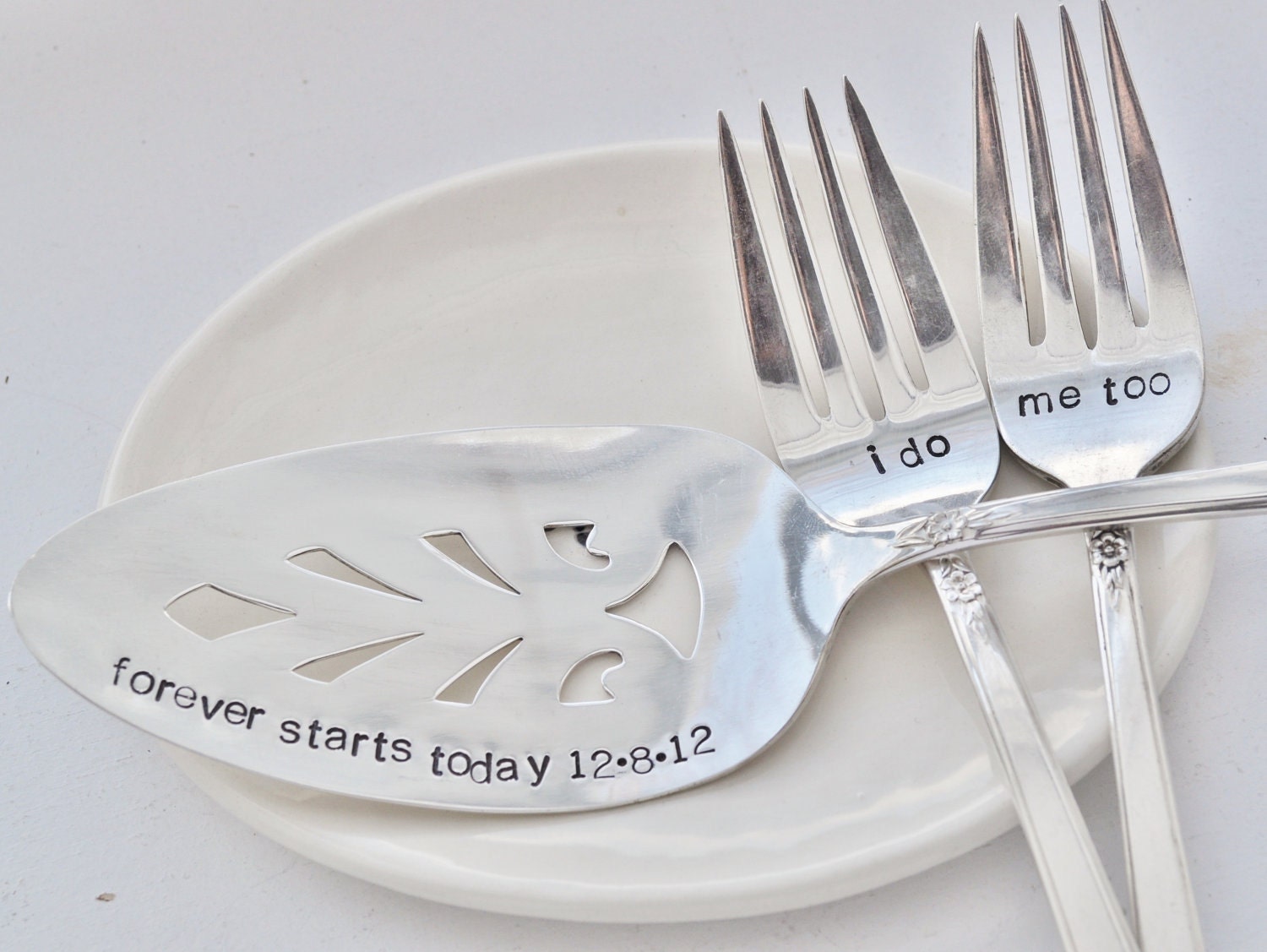 Vintage Wedding Cake SET: Hand Stamped I Do, Me Too cake forks & Personalized Wedding Cake Server . As Seen in Bella NYC Magazine