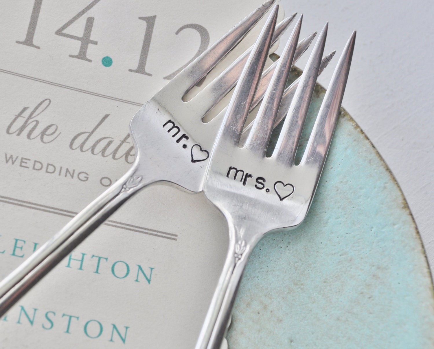 MR. & MRS. Hand Stamped Vintage Wedding Cake Forks - Customized with your Wedding Date
