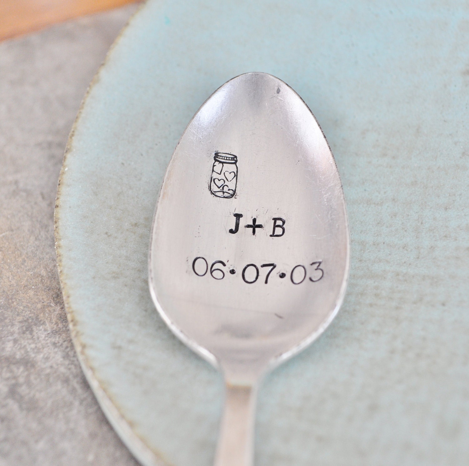 You & Me Anniversary/Wedding Spoon (TM) - Hand Stamped Vintage Spoon for Lovers - Jar of Hearts Collection