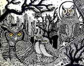 Celtic, Gothic, wildlife, nature, birdwatchers  - "Five Owls" - 8"x10" Fine Arts PRINT