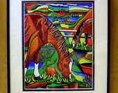 cubist, nature, colorful - "Horses in Olive Grove" - 8" x 10" print with 11' x 14" black metal frame