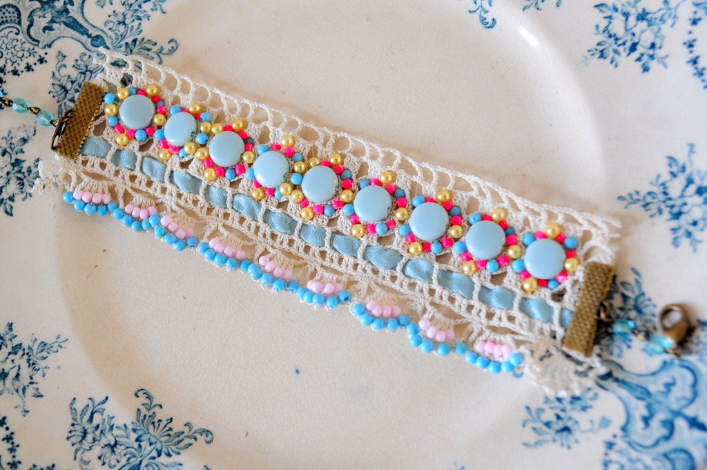 robin eggs.. handmade Vintage lace bracelet with blue beads,ribbon and more