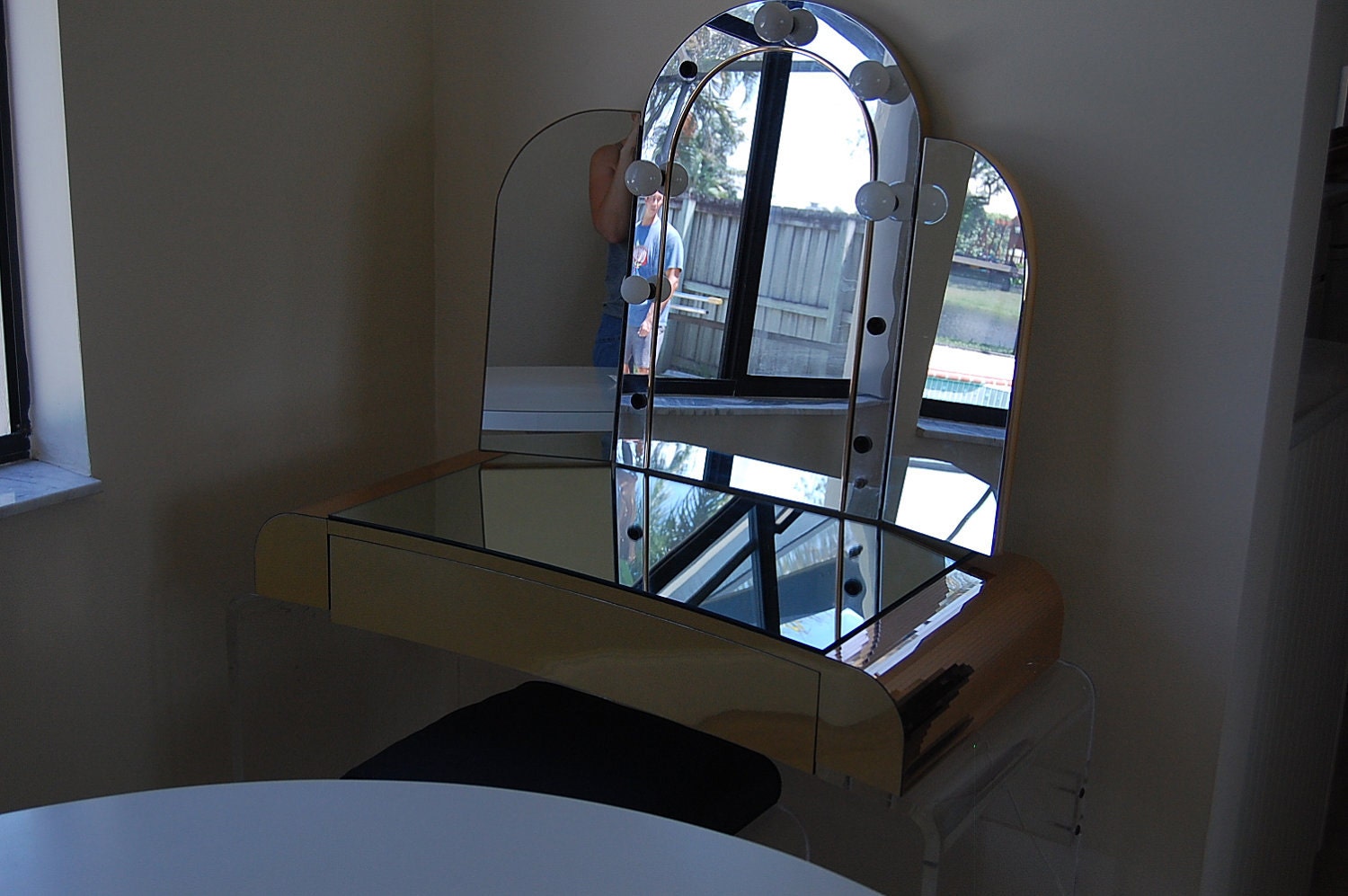 REserved for Chad....Mid Century Modern Lucite Vanity and Stool with Mirror at Retro Daisy Girl