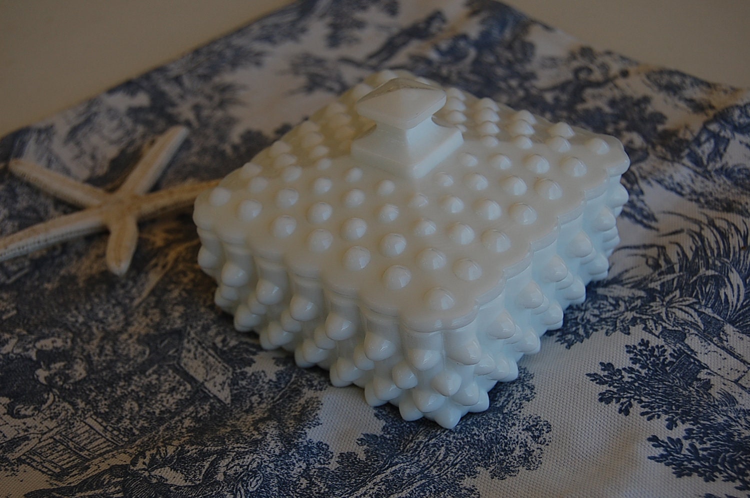 Vintage Hobnail Milk glass Trinket Box cottage prairie style at Retro Daisy Girl