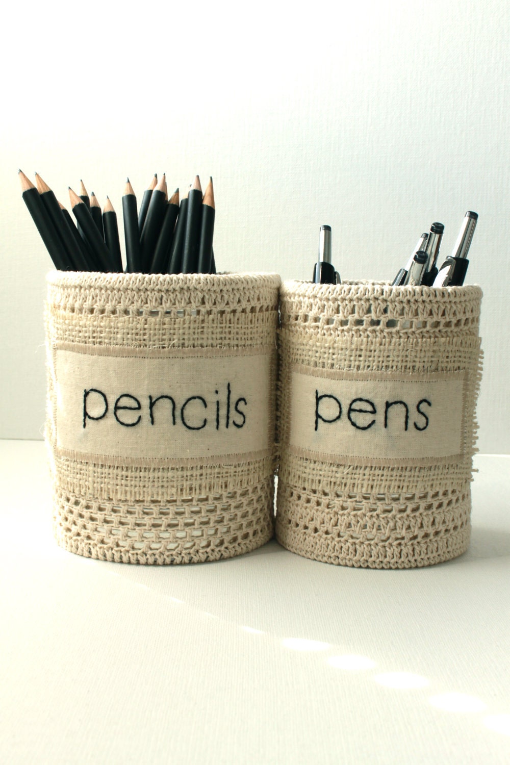 Pen and Pencil Desk Organizers Embroidered Shabby Chic Office Decorating Crochet Cream Black Neutral Home Decore