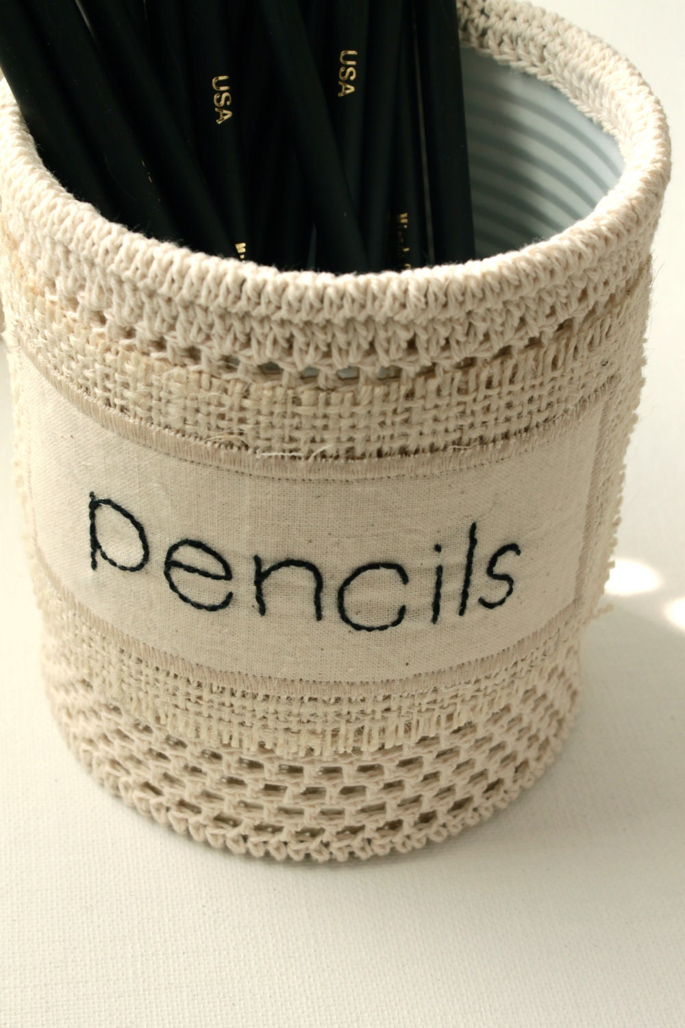 Pen and Pencil Desk Organizers Embroidered Shabby Chic Office Decorating Crochet Cream Black Neutral Home Decore