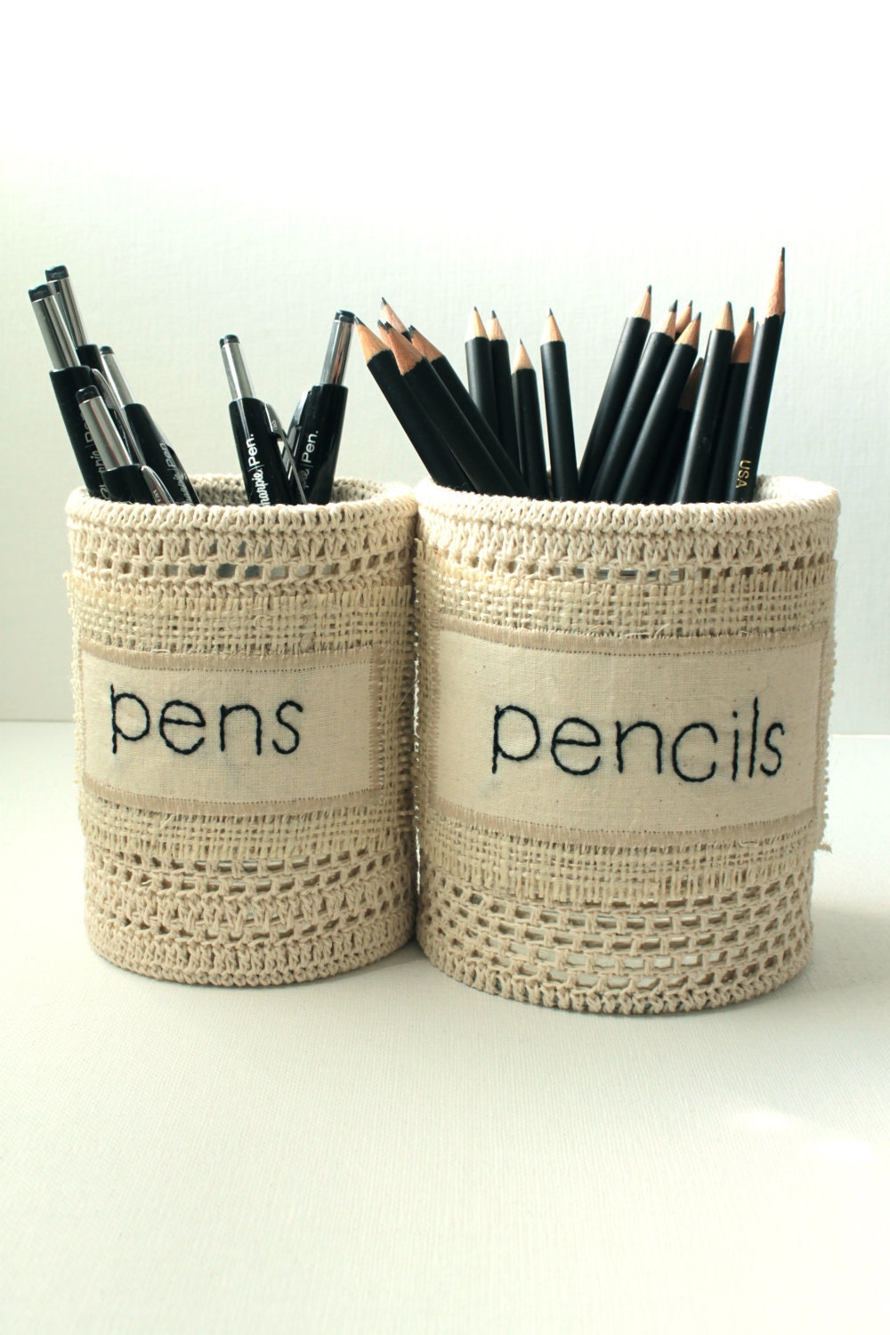 Pen and Pencil Desk Organizers Embroidered Shabby Chic Office Decorating Crochet Cream Black Neutral Home Decore
