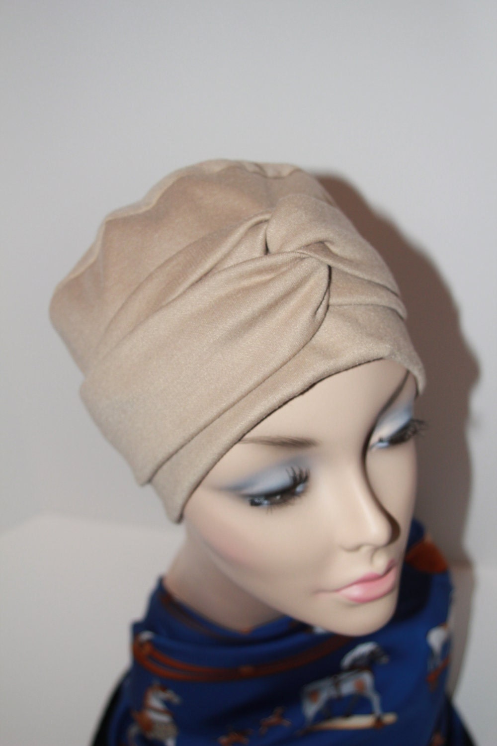 Beige Chemo Hat Cancer Cap all Cotton Jersey Knit in Tan Nude Camel Turban Womens Alopecia Free Ship in USA