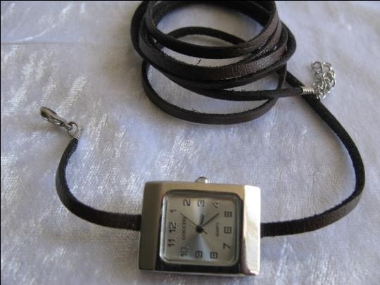 Leather Wrap Watch square silver watch with a thin dark brown leather band retro watch Handmade small double strap wrap watch FREE SHIP