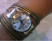 Leather Wrap Watch Handmade Alfresco Style Silver Bracelet Watch with a unique bronze real leather band with a lovely pattern FREE SHIPPING