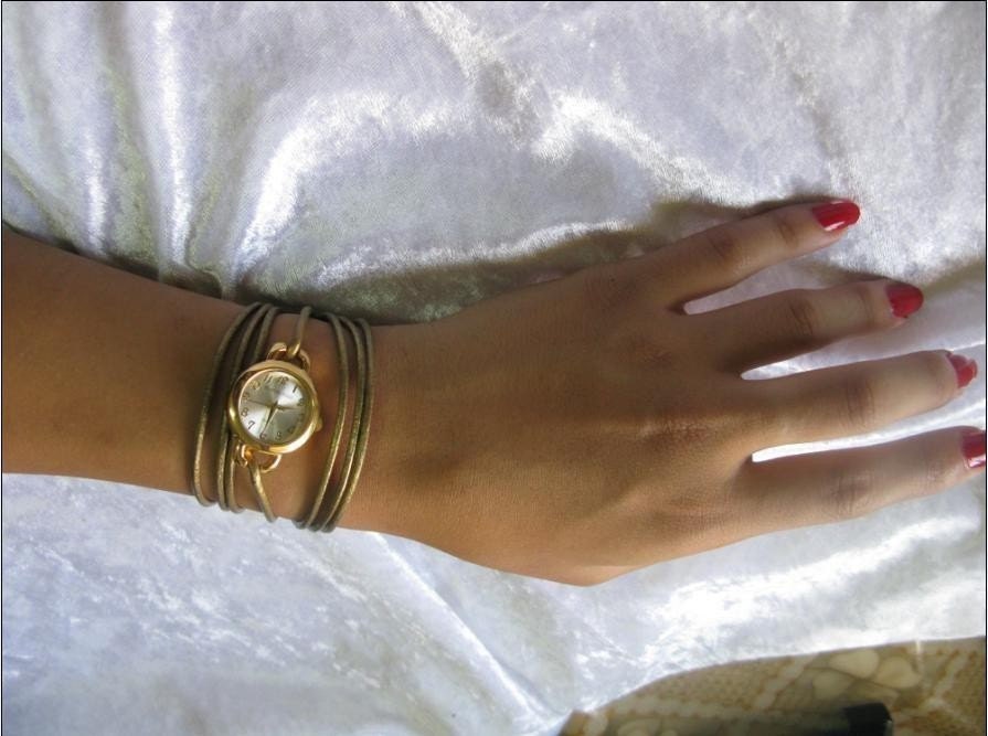 Handmade Alfresco Style Gold Bracelet leather Watch with a unique bronze real leather band with a lovely pattern WORLDWIDE FREE SHIPPING