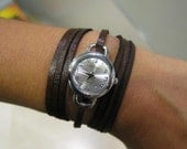 Leather Wrap Watch Handmade Retro small Bracelet watch Leather Watch with a thin dark brown leather band with a triple wrap style FREE SHIP