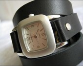 Leather Wrap Watch Handmade Bracelet Watch small  women's Square double  strap  ( double wrist , double band) watch FREE SHIPPING