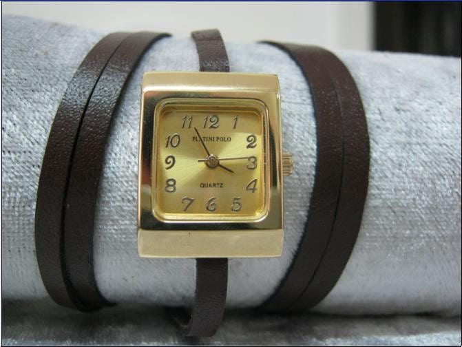 Leather Wrap Watch Handmade Wrap Bracelet Gold Watch with a brown real leather band with a lovely classic pattern FREE SHIPPING