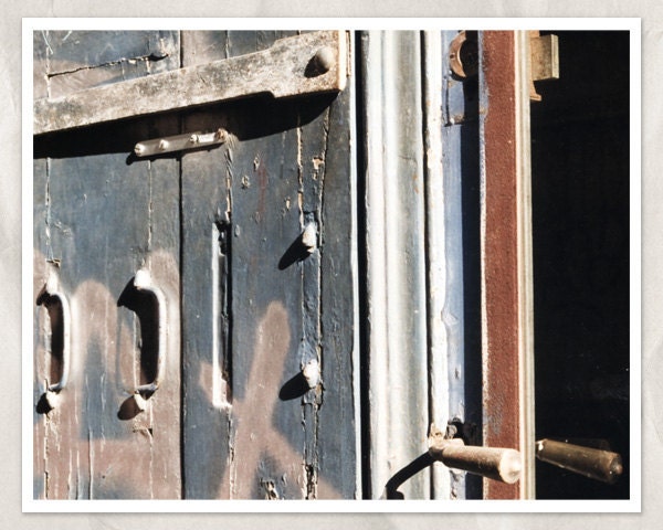 silver doors photography, 8x10 print, multicolor, brass handle, entrance, strap hinge, graffiti, wood grain, steel, blue, gray, shabby