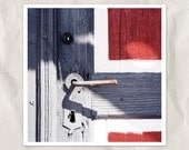 wooden doors photography, metal handle, 8x8 print, architecture detail, abstract, still life, entrance, blue, red, white, lock, handle - bialakura