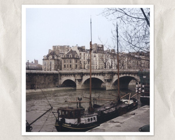 Paris bank photography, Pont Neuf bridge, 5x5 print, france, europe, city view, urban life, sepia, vintage, river bank, boats, french decor