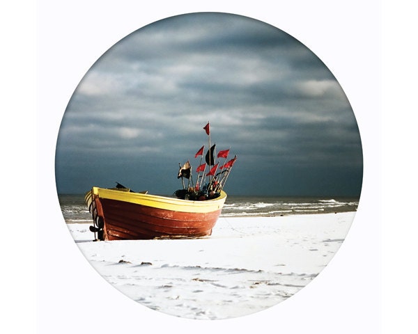 fishing boat, storm circle landscape photography, seaside, 8x10 art print, beach, sea, coast, bathroom decor, mandala, gray, blue