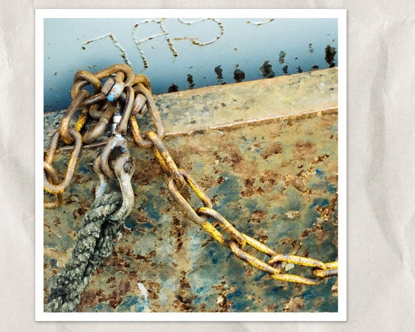 rusty blue nautical detail photography, 8x8 print, abstract, still life, metal, hawser, chain, ship, boat,, entrance, hinge, rustic, cyan