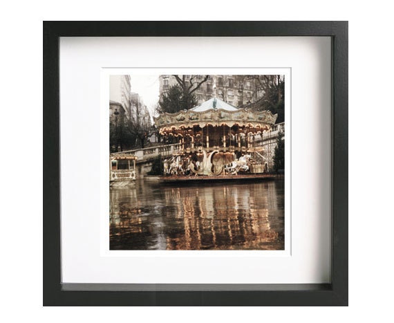 Paris carousel photography, 5x5 art print, merry-go-around, Paris photography, carnival decor, sepia, rain, lights, french home decor