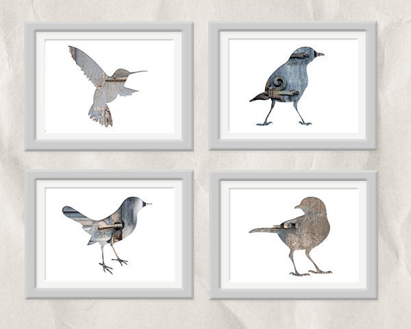 bird silhouette postcard set, photography postcards, set of 4, blank notecard, animal art, gray, blue, reclaimed wood art