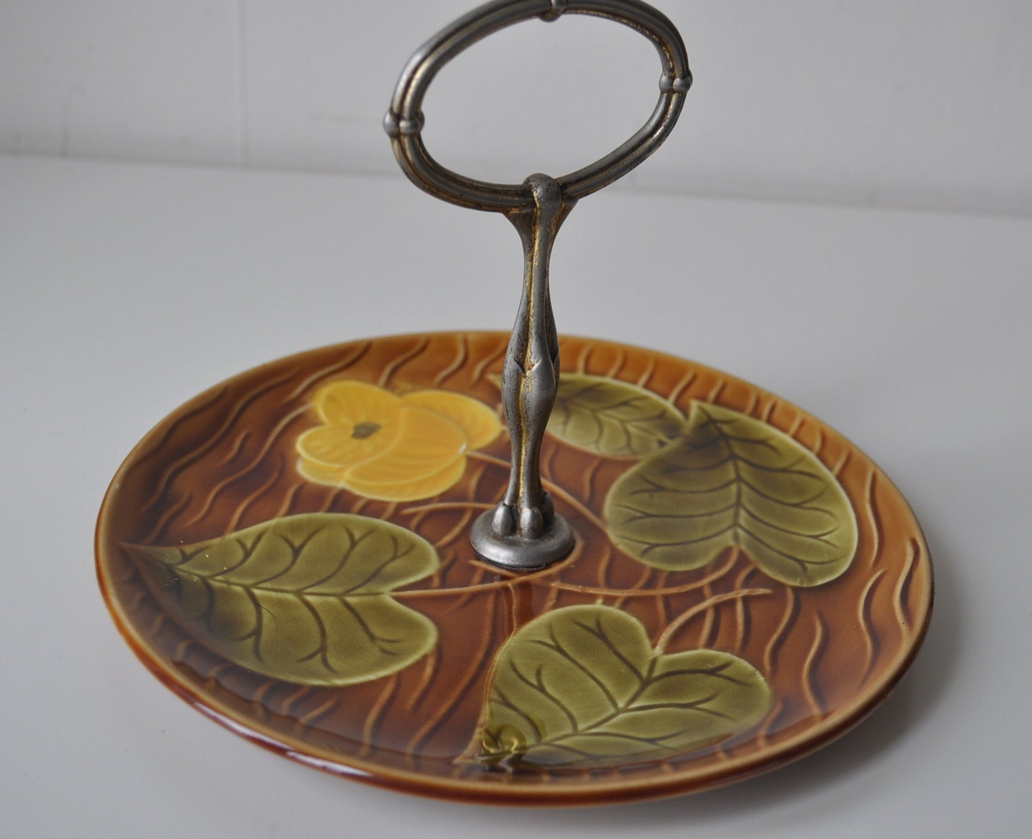Vintage French Majolica Serving Plate with Handle - Sarreguemines