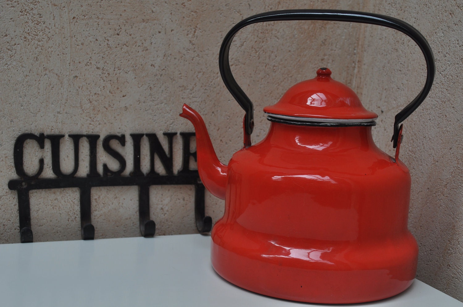 French Country Large Red  Enamelled Kettle