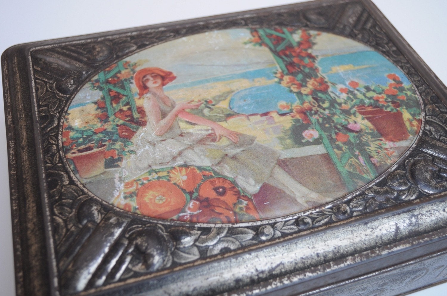 Vintage French Pictorial Embossed Large Tin Box