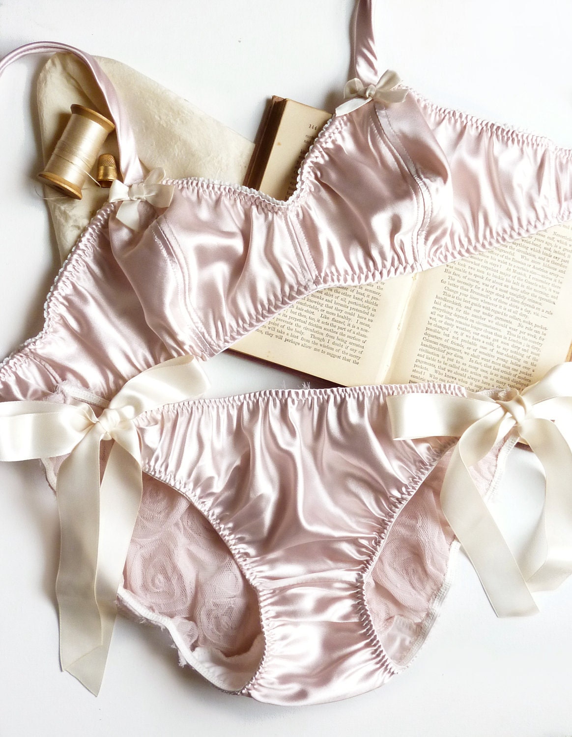 Vintage Style Satin Lingerie Set 'Pocket full of Posies' Soft Bra & Tie-Up Panties Handmade to Order