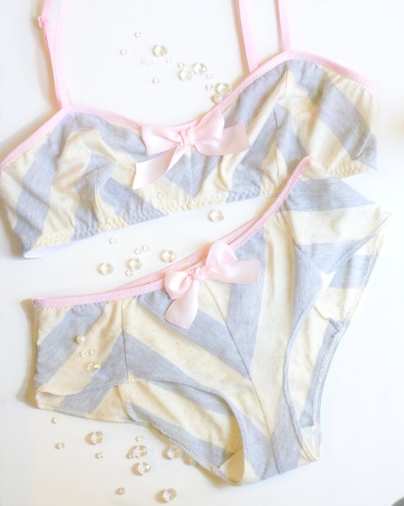 Chevron Bra and Panties Set in Pink Grey & Ivory Made to Order