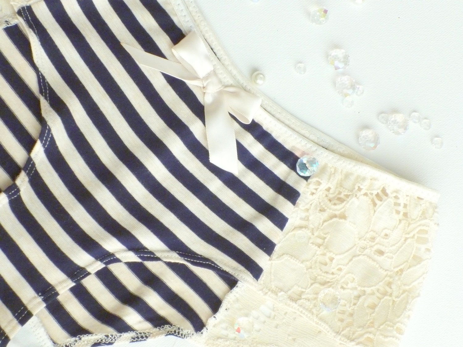 Vintage Style Nautical Bon Voyage Blue and Ivory Bra and Panties Lingerie Set Hand Made to Order