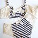 Vintage Style Nautical Bon Voyage Blue and Ivory Bra and Panties Lingerie Set Hand Made to Order