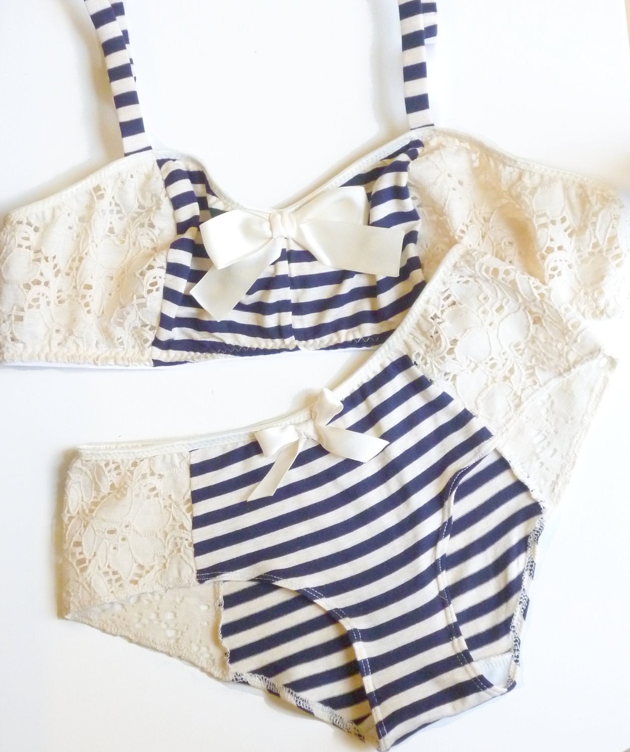 Bon Voyage Blue and Ivory Bra & Panties Set Made to Order