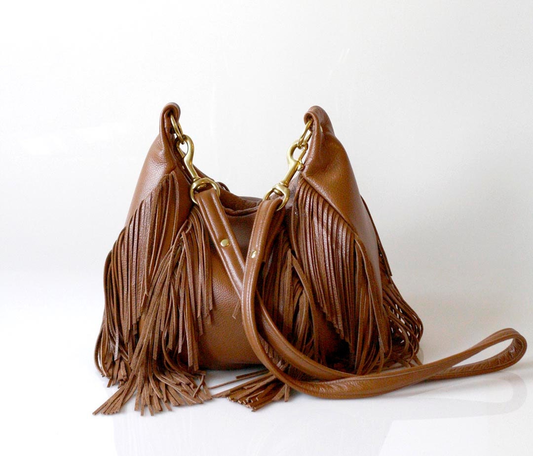 Fringe Leather Bag - OPELLE Nautilus Bag - Soft Pebbled Leather w Fringe in Fawn