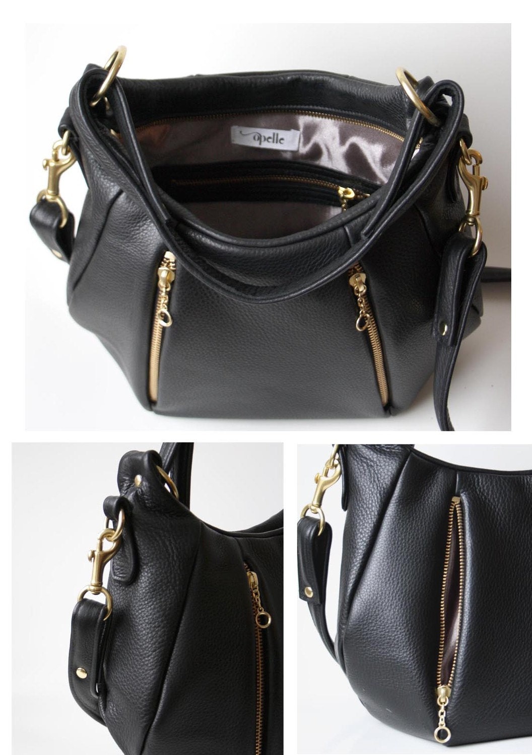 Black Leather bag purse - OPELLE Baby Ballet Bag - Soft Pebbled Leather w Zipper Pockets