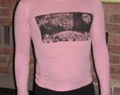 pink - earth as it is in heaven - long sleeve t shirt, small - screenprint art collage jose posada woodcut print unisex women woman girl