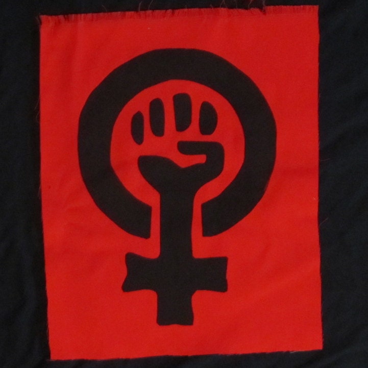 Feminist Fist Patch, Black on Red Canvas - Large Bag or Back Patch - feminism patches woman power choose color yellow blue purple white punk