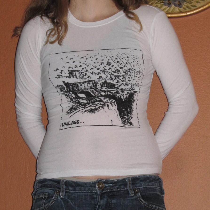 Unless... T Shirt - Lorax Theme Forest Clearcut Print, Small White Long Sleeve Shirt Top - dr. seuss environmental sleved tshirt nature