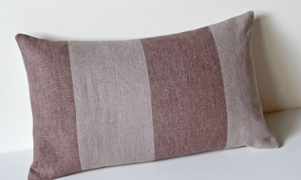 Warm Gray Brown Linen Stripe Lumbar Throw Pillow Cover 12x16 with Organic Cotton Envelope Back