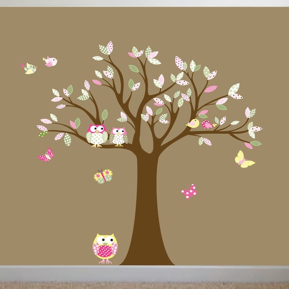 Children Wall Decals Tree with Owls and Birds Vinyl Wall Art