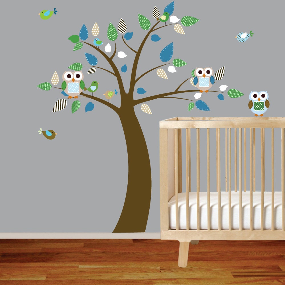 Nursery decal tree with owls birds boy children wall decal sticker