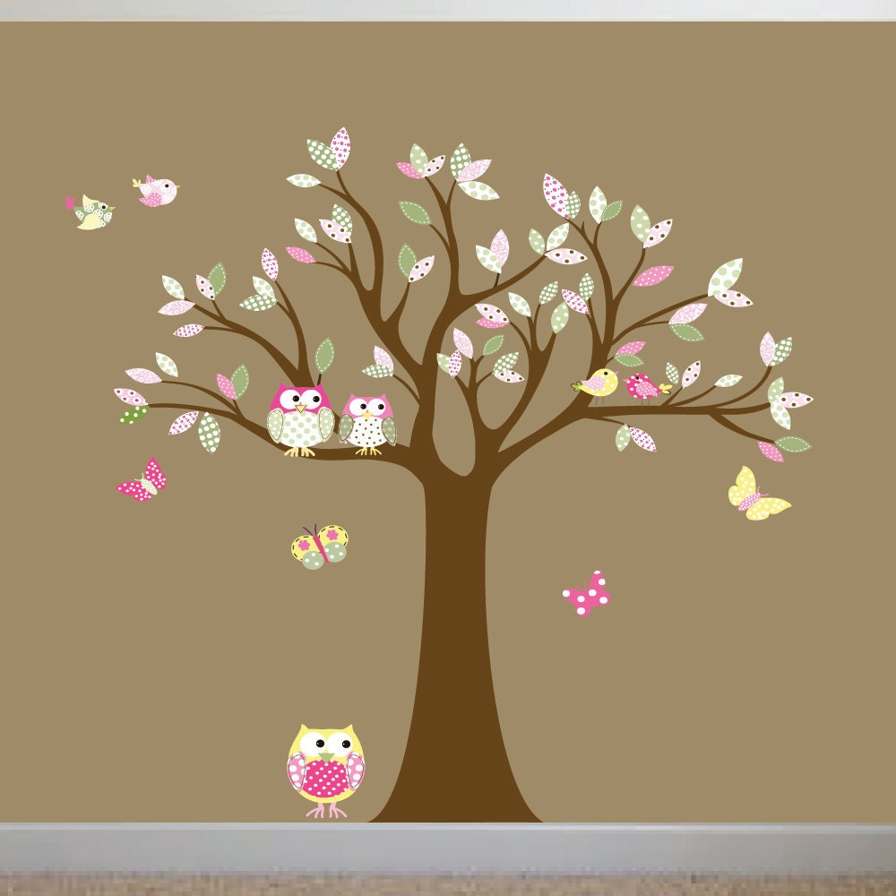 Children Wall Decals Tree with Owls and Birds Vinyl Wall Art
