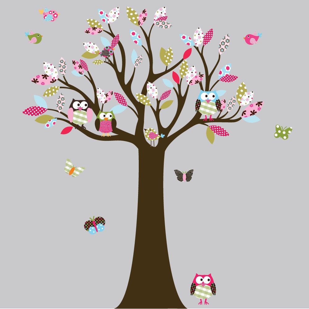 Vinyl Wall Decal Stickers Owl Tree Set Nursery Girls Baby