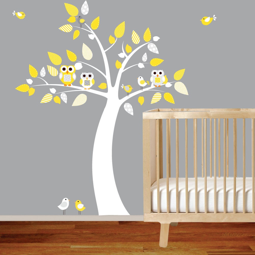 Vinyl wall decal sticker owl tree with birds yellow nursery baby
