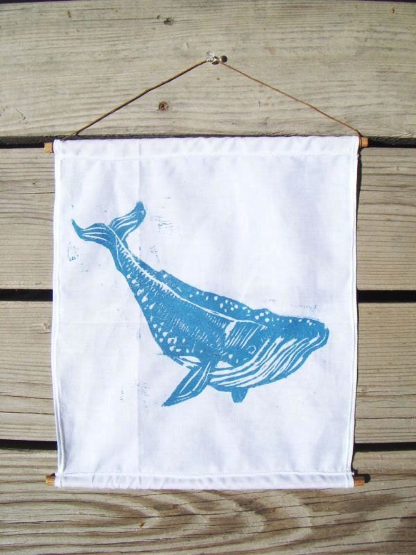 Whale Woodblock Print. Fabric Wall Hanging. 11X14.